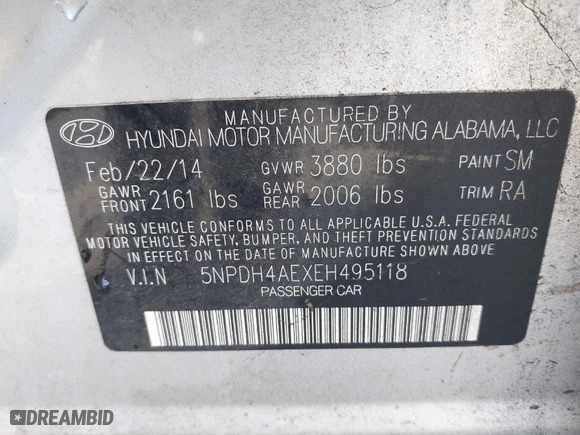 2014 Hyundai Elantra Limited with VIN 5NPDH4AEXEH495118, listed as a IAAI auction lot 40694475 with 61,127 mi miles. Bid and sale history available at carsss.com. Image 9.