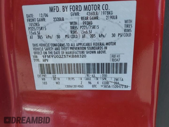 2007 Ford Escape XLS с VIN 1FMYU02Z57KB88320, выставлен на аукционе Copart как лот 62097855 с пробегом 150 670 миль миль и Чистый • Clean title. История ставок и продаж доступна на DreamBid. Изображение 13.