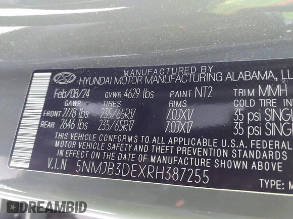 2024 Hyundai Tucson SEL with VIN 5NMJB3DEXRH387255, listed as a IAAI auction lot 41519486 with 17,320 mi miles and . Bid and sale history available at DreamBid. Image 9.