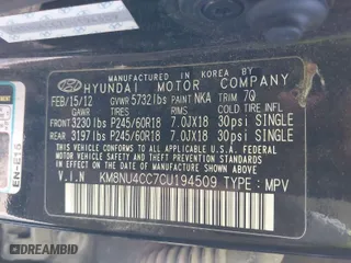 2012 Hyundai Veracruz Limited with VIN KM8NU4CC7CU194509, listed as a IAAI auction lot 41781645 with 257,344 mi miles. Bid and sale history available at carsss.com. Image 9.