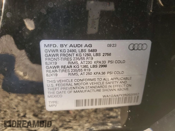 2024 Audi Q5 S line Premium with VIN WA1GAAFY2R2020857, listed as a Copart auction lot 47241635 with 8,005 mi miles and Salvage Title. Bid and sale history available at carsss.com. Image 12.