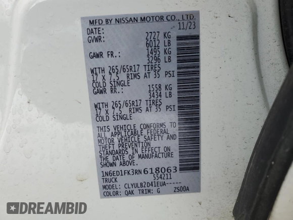 2024 Nissan Frontier SV z VIN 1N6ED1FK3RN618063, wystawiony jako Copart lot #45242025 z przebiegiem 24 979 mil mil oraz Szkoda całkowita • Salvage title. Historia ofert i sprzedaży dostępna na DreamBid. Obrazek 13.