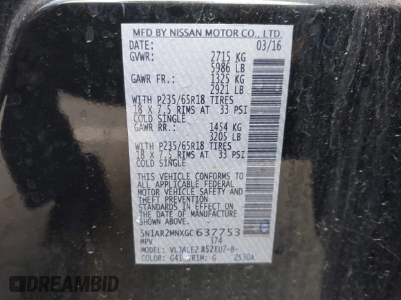 2016 Nissan Pathfinder S with VIN 5N1AR2MNXGC637753, listed as a IAAI auction lot 41526049 with 119,409 mi miles and . Bid and sale history available at DreamBid. Image 9.