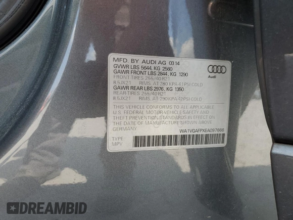 2014 Audi SQ5 Prestige with VIN WA1VGAFPXEA097666, listed as a Copart auction lot 62520445 with 89,596 mi miles and Salvage title. Bid and sale history available at DreamBid. Image 14.