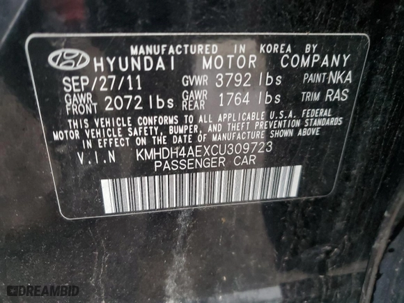 2012 Hyundai Elantra Limited with VIN KMHDH4AEXCU309723, listed as a Copart auction lot 50999765 with 126,030 mi miles and Salvage Title. Bid and sale history available at carsss.com. Image 12.