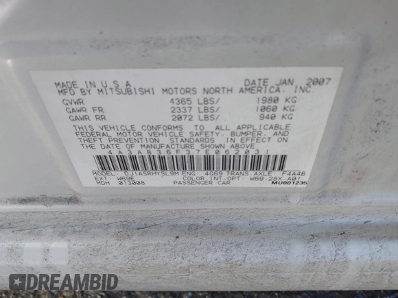 2007 Mitsubishi Galant ES z VIN 4A3AB36F37E062031, wystawiony jako IAAI lot #41503540 z przebiegiem 129 019 mil mil oraz . Historia ofert i sprzedaży dostępna na DreamBid. Obrazek 9.