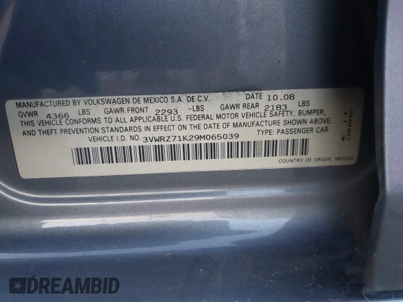 2009 Volkswagen Jetta SE с VIN 3VWRZ71K29M065039, выставлен на аукционе IAAI как лот 41767525 с пробегом 176 443 миль миль и . История ставок и продаж доступна на DreamBid. Изображение 9.
