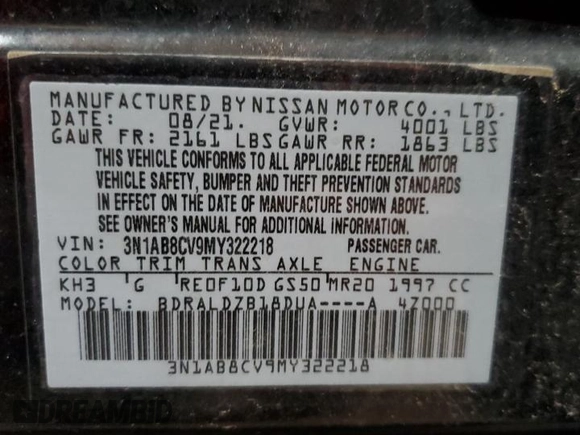 2021 Nissan Sentra SV with VIN 3N1AB8CV9MY322218, listed as a Copart auction lot 61797935 with 51,280 mi miles and Clean title. Bid and sale history available at DreamBid. Image 12.