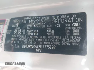 2020 Kia Sportage EX with VIN KNDPN3AC9L7775192, listed as a IAAI auction lot 41020011 with 60,652 mi miles and . Bid and sale history available at DreamBid. Image 9.