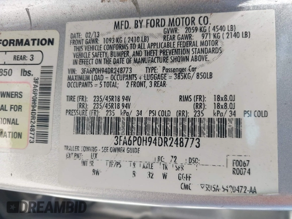 2013 Ford Fusion SE with VIN 3FA6P0H94DR248773, listed as a IAAI auction lot 42809892 with 175,950 mi miles and . Bid and sale history available at DreamBid. Image 9.