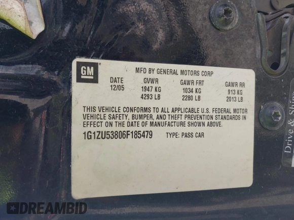 2006 Chevrolet Malibu LTZ with VIN 1G1ZU53806F185479, listed as a IAAI auction lot 41900578 with Not Provided miles and . Bid and sale history available at DreamBid. Image 9.