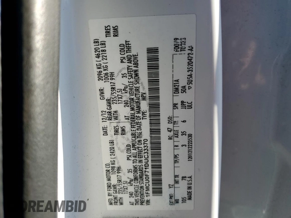 2013 Ford Escape S with VIN 1FMCU0F71DUC33370, listed as a Copart auction lot 49377235 with 41,655 mi miles and Salvage Title. Bid and sale history available at carsss.com. Image 15.