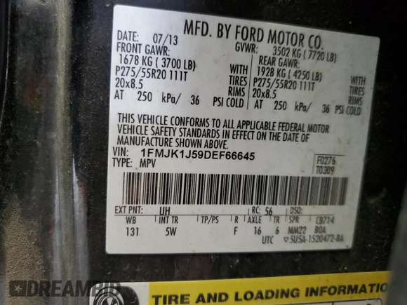 2013 Ford Expedition EL XLT with VIN 1FMJK1J59DEF66645, listed as a Copart auction lot 63252984 with 230,346 mi miles and Salvage Title. Bid and sale history available at carsss.com. Image 13.