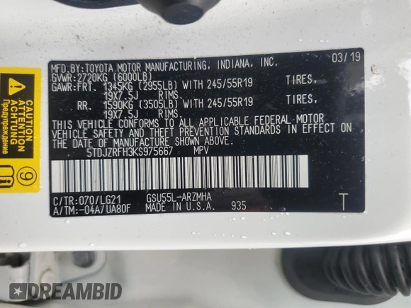 2019 Toyota Highlander SE with VIN 5TDJZRFH3KS975667, listed as a Copart auction lot 62555355 with 40,912 mi miles and Salvage title. Bid and sale history available at DreamBid. Image 14.