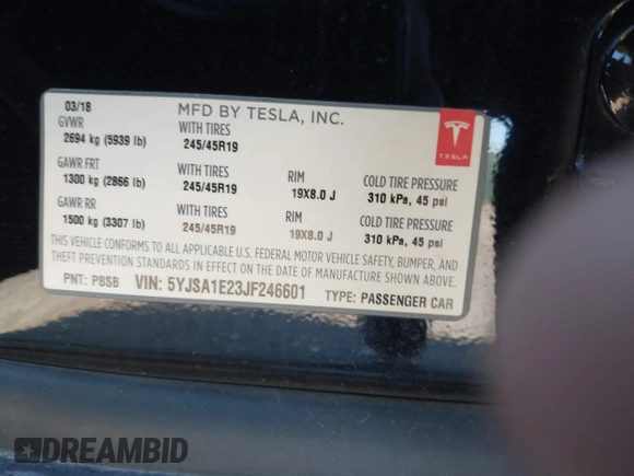 2018 Tesla Model S 75D z VIN 5YJSA1E23JF246601, wystawiony jako IAAI lot #40774603 z przebiegiem 55 697 mil mil oraz . Historia ofert i sprzedaży dostępna na DreamBid. Obrazek 9.