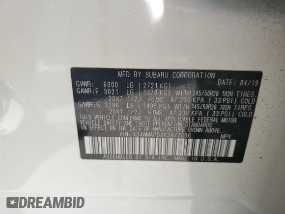 2019 Subaru Ascent Limited with VIN 4S4WMAPD2K3477006, listed as a Copart auction lot 49351715 with 103,156 mi miles and Clean title. Bid and sale history available at DreamBid. Image 13.
