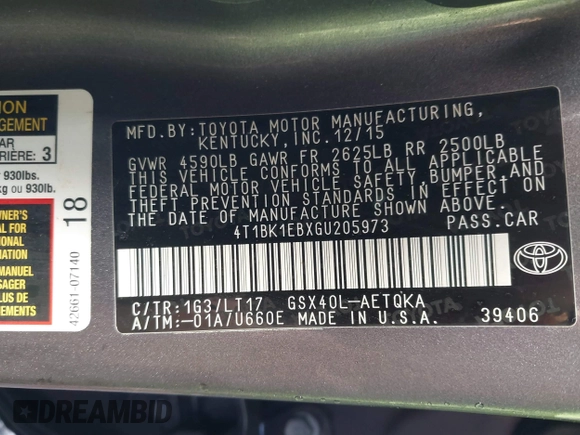 2016 Toyota Avalon Limited with VIN 4T1BK1EBXGU205973, listed as a IAAI auction lot 41206815 with 64,169 mi miles and . Bid and sale history available at DreamBid. Image 9.