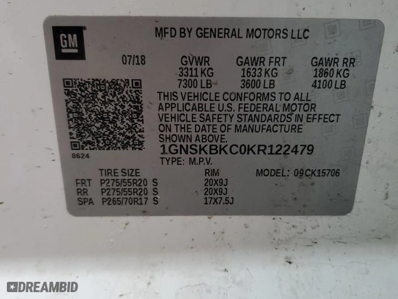 2019 Chevrolet Tahoe LT with VIN 1GNSKBKC0KR122479, listed as a Copart auction lot 44801145 with 108,183 mi miles and Salvage Title. Bid and sale history available at carsss.com. Image 13.