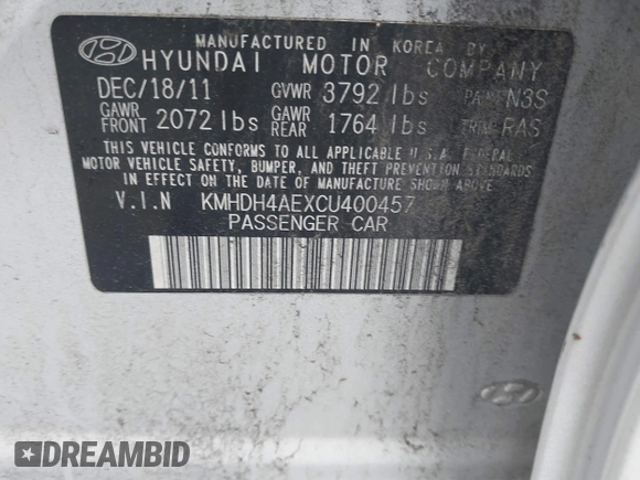 2012 Hyundai Elantra GLS with VIN KMHDH4AEXCU400457, listed as a IAAI auction lot 42395614 with 168,910 mi miles and . Bid and sale history available at DreamBid. Image 9.