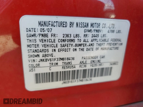 2007 Infiniti G35 G35x with VIN JNKBV61F37M818436, listed as a Copart auction lot 73786244 with 159,132 mi miles and Salvage Title. Bid and sale history available at DreamBid. Image 12.