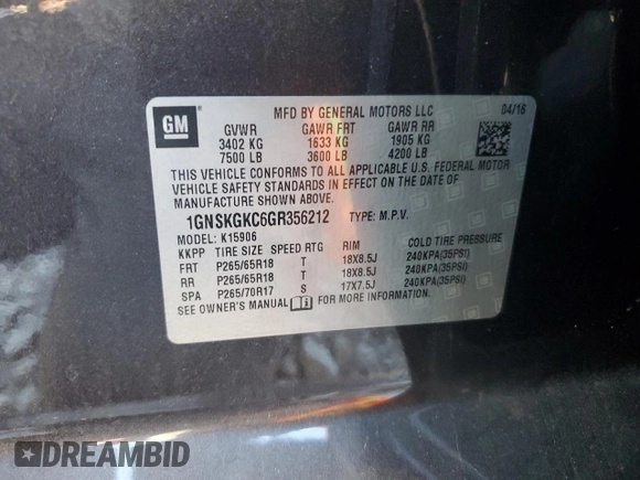 2016 Chevrolet Suburban LS with VIN 1GNSKGKC6GR356212, listed as a Copart auction lot 75007614 with 145,718 mi miles and Salvage Title. Bid and sale history available at carsss.com. Image 16.