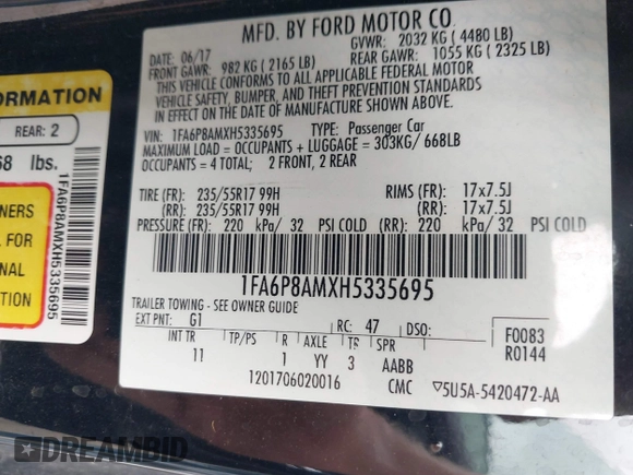 2017 Ford Mustang V6 with VIN 1FA6P8AMXH5335695, listed as a IAAI auction lot 42358800 with 110,919 mi miles and . Bid and sale history available at DreamBid. Image 9.