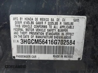 2006 Honda Accord LX with VIN 3HGCM56416G702584, listed as a IAAI auction lot 42440025 with Not provided miles and . Bid and sale history available at DreamBid. Image 9.