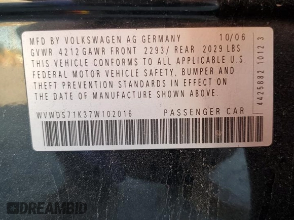 2007 Volkswagen Rabbit with VIN WVWDS71K37W102016, listed as a Copart auction lot 56430335 with 160,416 mi miles and Salvage title. Bid and sale history available at DreamBid. Image 12.