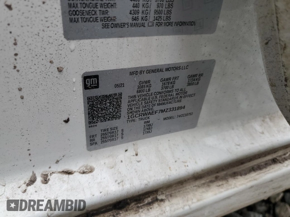 2021 Chevrolet Silverado 1500 Work Truck with VIN 1GCRWAEF7MZ331894, listed as a Copart auction lot 48412735 with 126,173 mi miles and Salvage Title. Bid and sale history available at DreamBid. Image 12.