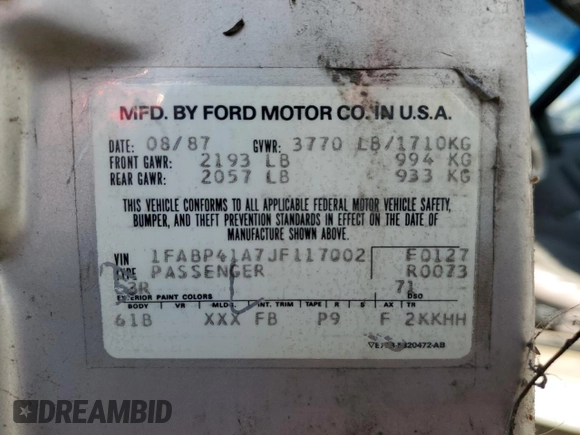 1988 Ford Mustang with VIN 1FABP41A7JF117002, listed as a Copart auction lot 84570564 with 63,626 mi miles and Clean title. Bid and sale history available at DreamBid. Image 12.