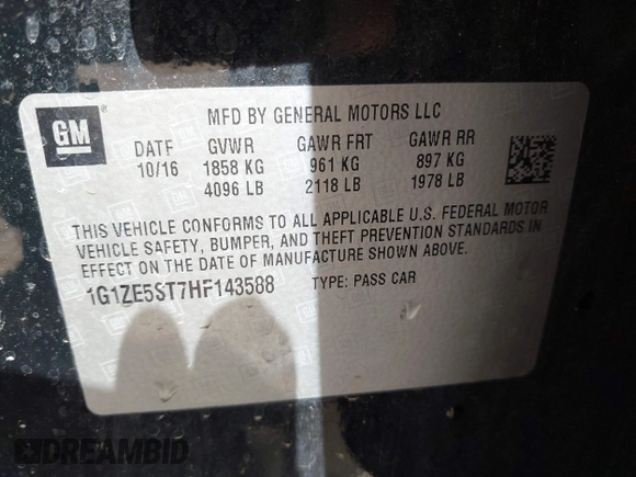 2017 Chevrolet Malibu LT with VIN 1G1ZE5ST7HF143588, listed as a IAAI auction lot 42092251 with 167,818 mi miles and . Bid and sale history available at DreamBid. Image 9.