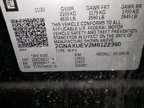 2021 Chevrolet Equinox LT with VIN 2GNAXUEV2M6122360, listed as a Copart auction lot 52962015 with 64,836 mi miles and Salvage Title. Bid and sale history available at carsss.com. Image 13.