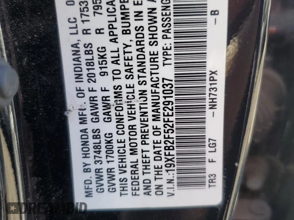 2015 Honda Civic LX with VIN 19XFB2F52FE291037, listed as a Copart auction lot 52035985 with 68,077 mi miles and Clean Title. Bid and sale history available at carsss.com. Image 12.