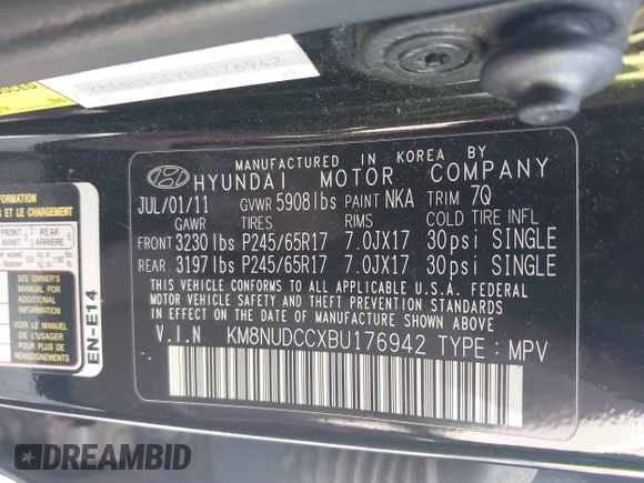 2011 Hyundai Veracruz GLS with VIN KM8NUDCCXBU176942, listed as a IAAI auction lot 41837043 with 128,446 mi miles and . Bid and sale history available at DreamBid. Image 9.