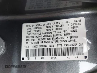 2008 Honda Accord EX-L z VIN 1HGCS218X8A011442, wystawiony jako IAAI lot #42254488 z przebiegiem 195 233 mil mil oraz . Historia ofert i sprzedaży dostępna na DreamBid. Obrazek 9.