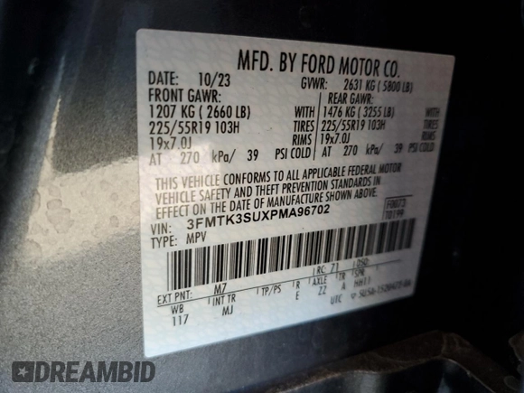 2023 Ford Mustang Mach-E Premium with VIN 3FMTK3SUXPMA96702, listed as a Copart auction lot 52362555 with 17,378 mi miles and Non Repairable. Bid and sale history available at DreamBid. Image 13.