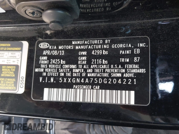 2013 Kia Optima EX with VIN 5XXGN4A75DG204221, listed as a IAAI auction lot 42081408 with 196,760 mi miles. Bid and sale history available at carsss.com. Image 9.