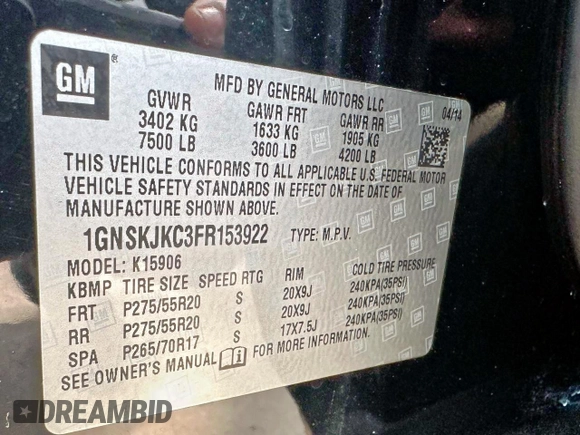 2015 Chevrolet Suburban LT with VIN 1GNSKJKC3FR153922, listed as a Copart auction lot 64337945 with 238,441 mi miles and Clean title. Bid and sale history available at DreamBid. Image 10.