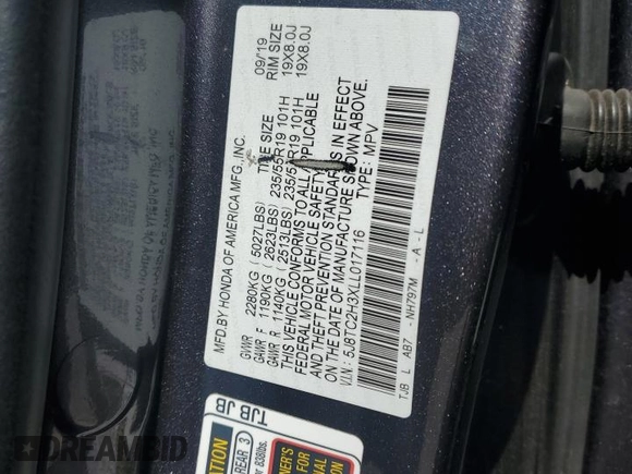 2020 Acura RDX with VIN 5J8TC2H3XLL017116, listed as a Copart auction lot 65413555 with 74,765 mi miles and Salvage title. Bid and sale history available at DreamBid. Image 14.