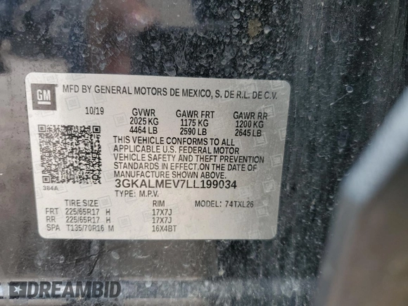 2020 GMC Terrain SLE z VIN 3GKALMEV7LL199034, wystawiony jako Copart lot #54479005 z przebiegiem 162 088 mil mil oraz Czysty tytuł • Clean title. Historia ofert i sprzedaży dostępna na DreamBid. Obrazek 13.