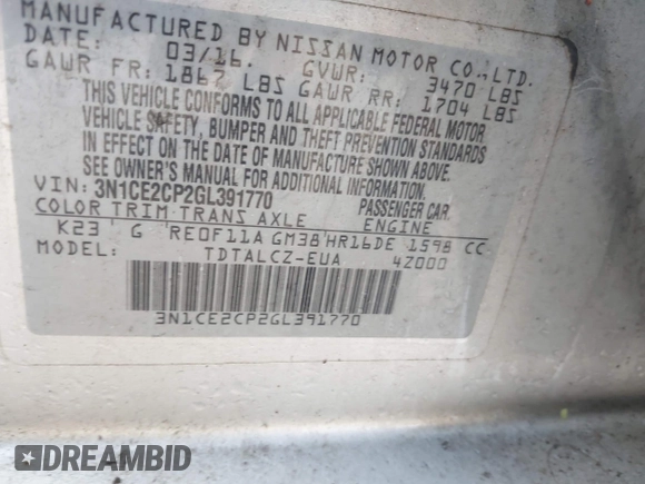 2016 Nissan Note SV with VIN 3N1CE2CP2GL391770, listed as a IAAI auction lot 42240326 with 192,662 mi miles and . Bid and sale history available at DreamBid. Image 9.