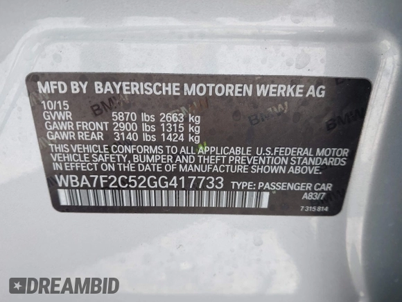 2016 BMW 7 Series 750i xDrive with VIN WBA7F2C52GG417733, listed as a IAAI auction lot 42040625 with 91,007 mi miles. Bid and sale history available at carsss.com. Image 9.