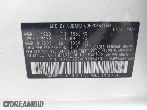 2023 Subaru Impreza with VIN 4S3GTAB6XP3706463, listed as a IAAI auction lot 42201164 with 71,572 mi miles and . Bid and sale history available at DreamBid. Image 9.