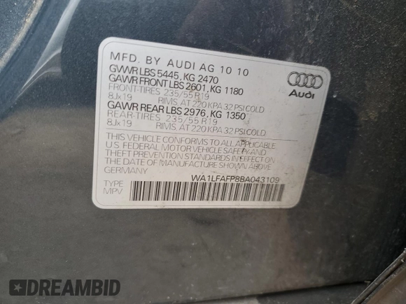 2011 Audi Q5 Premium Plus with VIN WA1LFAFP8BA043109, listed as a Copart auction lot 76598304 with 158,988 mi miles and Clean Title. Bid and sale history available at DreamBid. Image 13.