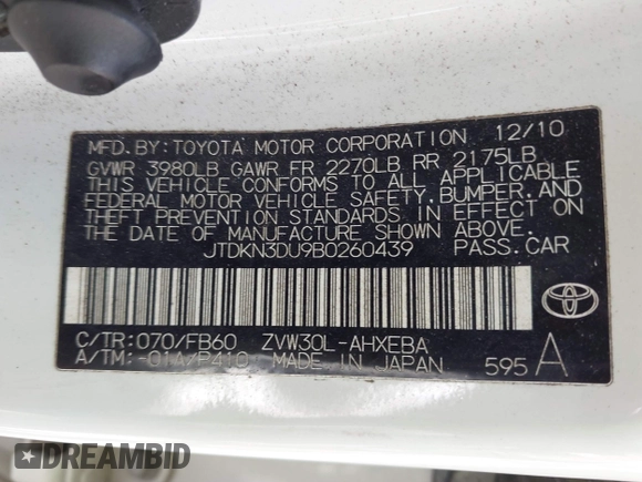 2011 Toyota Prius I with VIN JTDKN3DU9B0260439, listed as a IAAI auction lot 42134988 with 209,932 mi miles and . Bid and sale history available at DreamBid. Image 9.