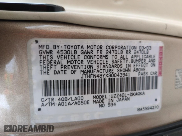 2003 Lexus SC 430 with VIN JTHFN48YX30043941, listed as a Copart auction lot 74352394 with Not Provided miles and Salvage Title. Bid and sale history available at DreamBid. Image 12.