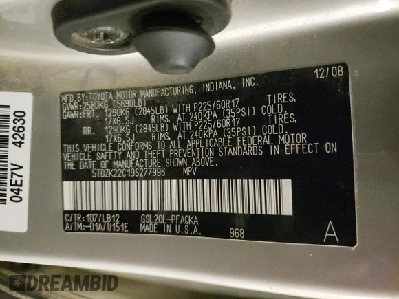 2009 Toyota Sienna XLE with VIN 5TDZK22C19S277996, listed as a Copart auction lot 53279135 with 213,763 mi miles and Salvage Title. Bid and sale history available at DreamBid. Image 14.