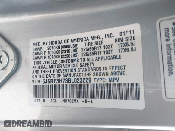 2011 Honda CR-V EX-L with VIN 5J6RE3H73BL023229, listed as a IAAI auction lot 41788633 with 120,816 mi miles. Bid and sale history available at carsss.com. Image 9.