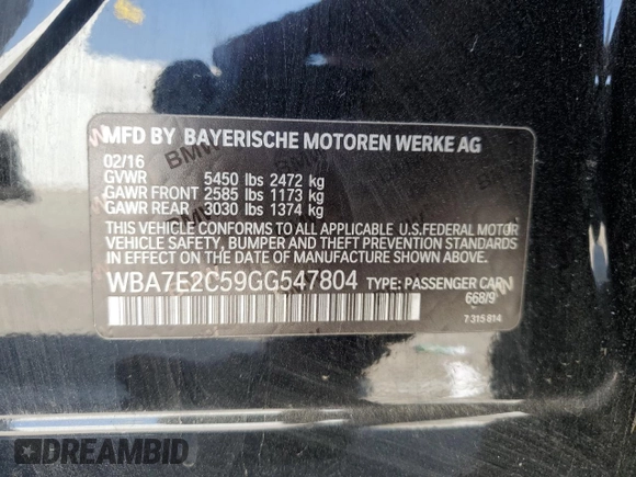 2016 BMW 7 Series 740i with VIN WBA7E2C59GG547804, listed as a Copart auction lot 68620463 with 122,937 mi miles. Bid and sale history available at carsss.com. Image 12.