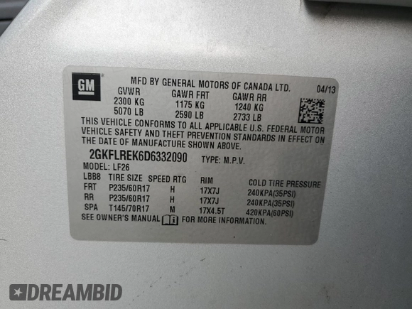 2013 GMC Terrain SLE with VIN 2GKFLREK6D6332090, listed as a Copart auction lot 66640235 with 146,635 mi miles and Clean title. Bid and sale history available at DreamBid. Image 13.